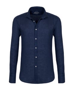 Trendy marineblaues, garngefärbtes leinenhemd, komfortable slim fit-passform_0